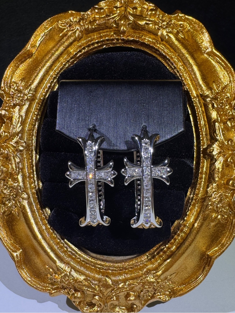 Crystal Cross Silver Hoop Earrings CZ Statement